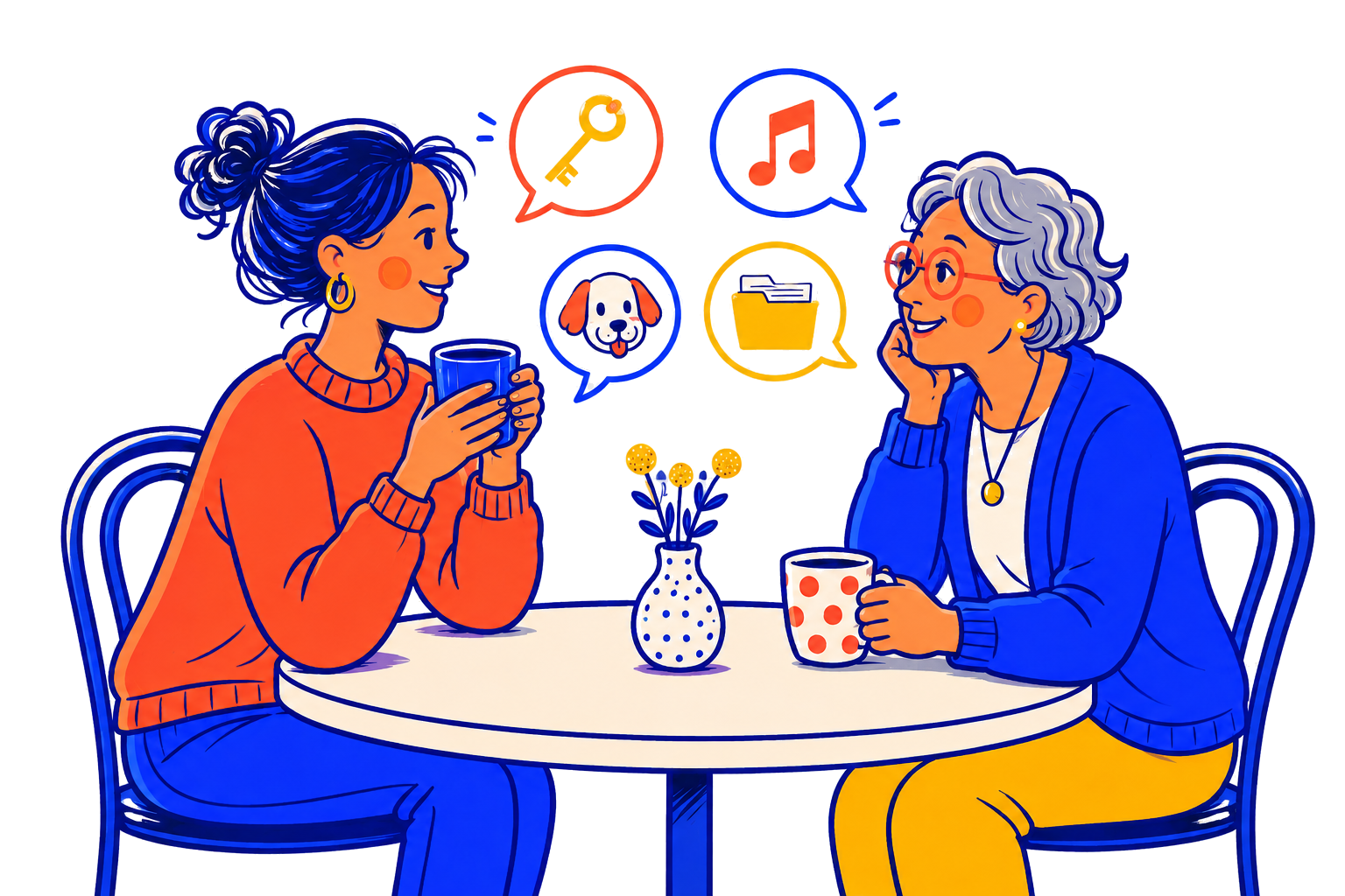 Une mère et sa fille discutent autour d’un café de clés, musique, chien et documents