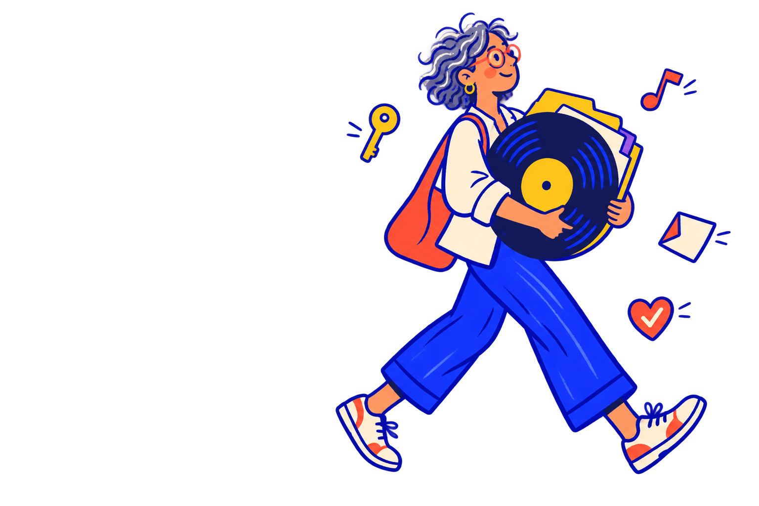 Personne souriante avec une farde, un disque, une clé et quelques pense-bêtes